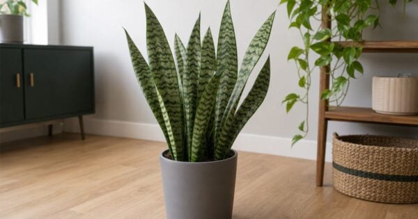 A mottled green sansevieria with upright lance-shaped leaves stands in a grey pot on a wood floor near shelving and a trailing pothos plant.