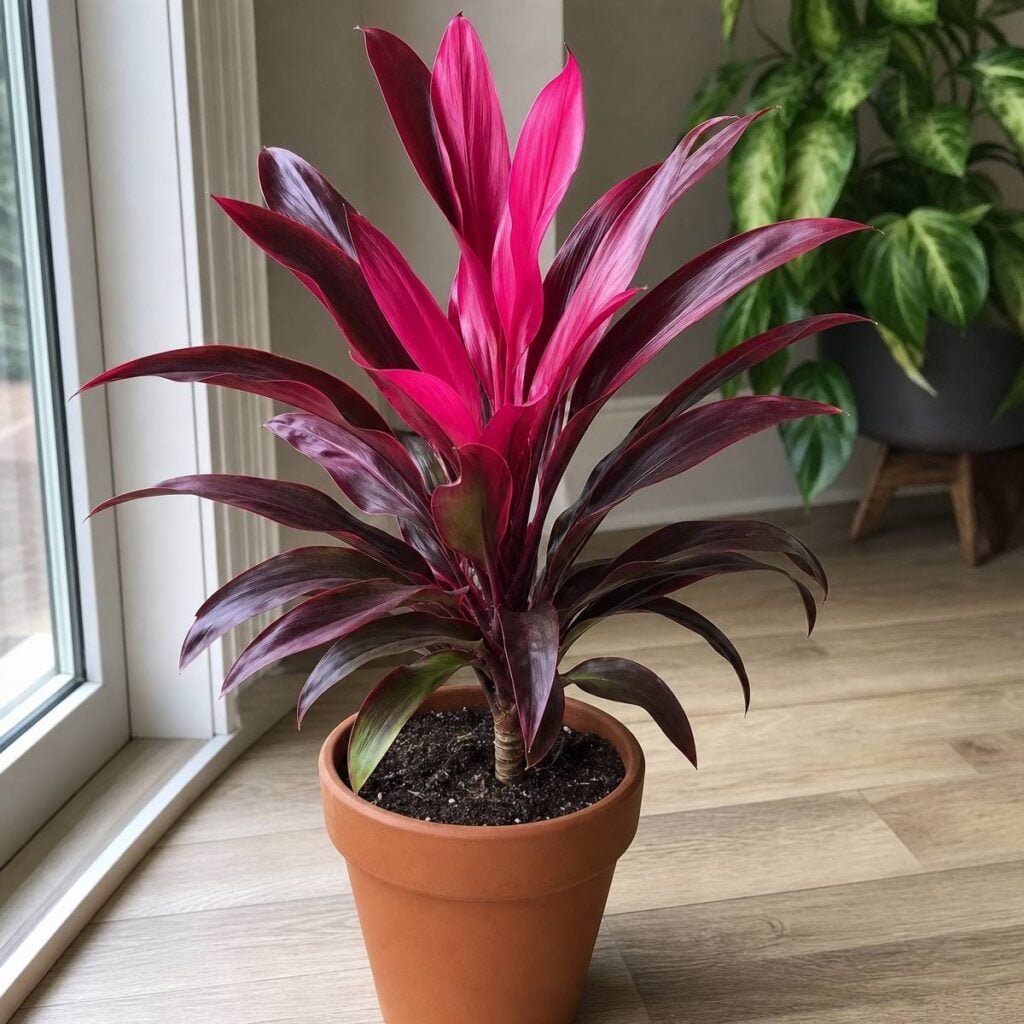 A potted Cordyline with hot pink and deep burgundy lance-shaped leaves sits in a terracotta pot on a wood floor beside a bright window.