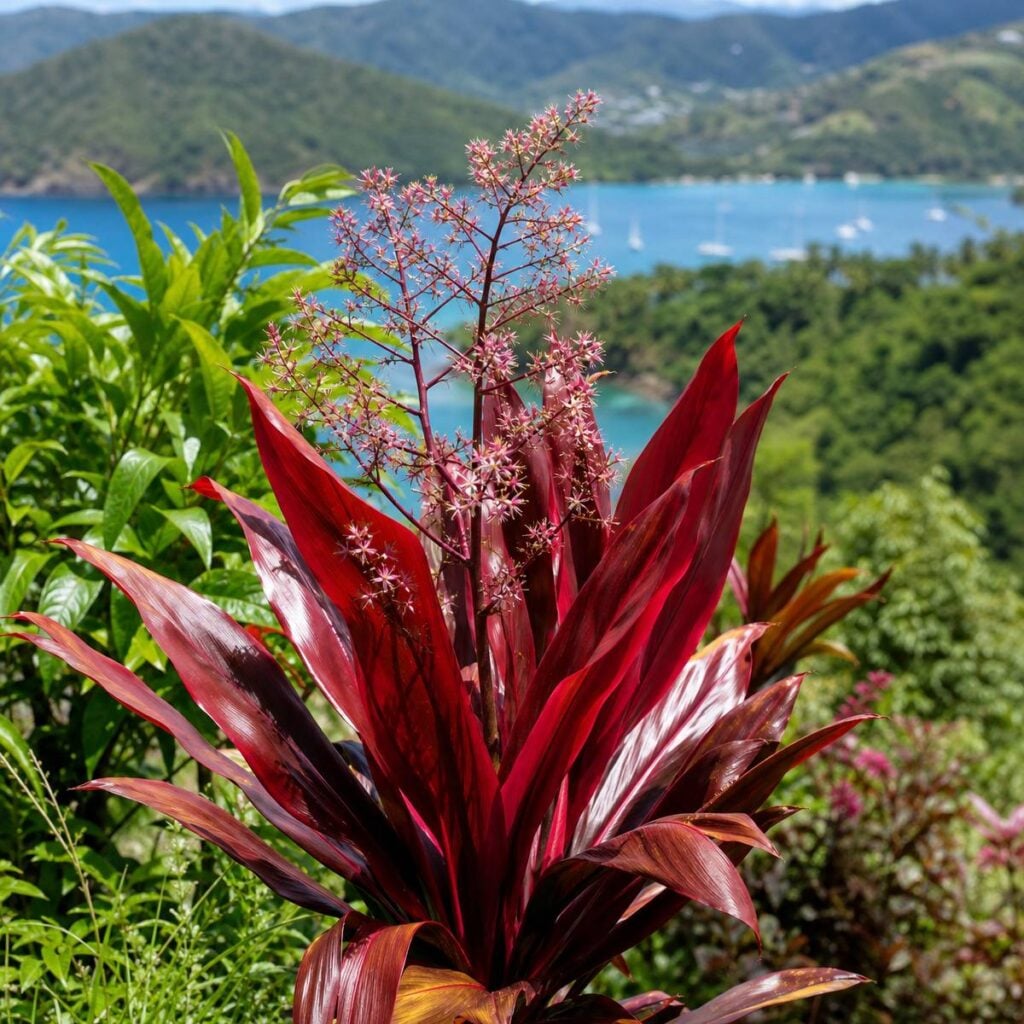 A crimson ti plant with glossy lance-shaped leaves sends up a branched cluster of tiny pink star-shaped flowers above a hillside overlooking a sunlit tropical bay.