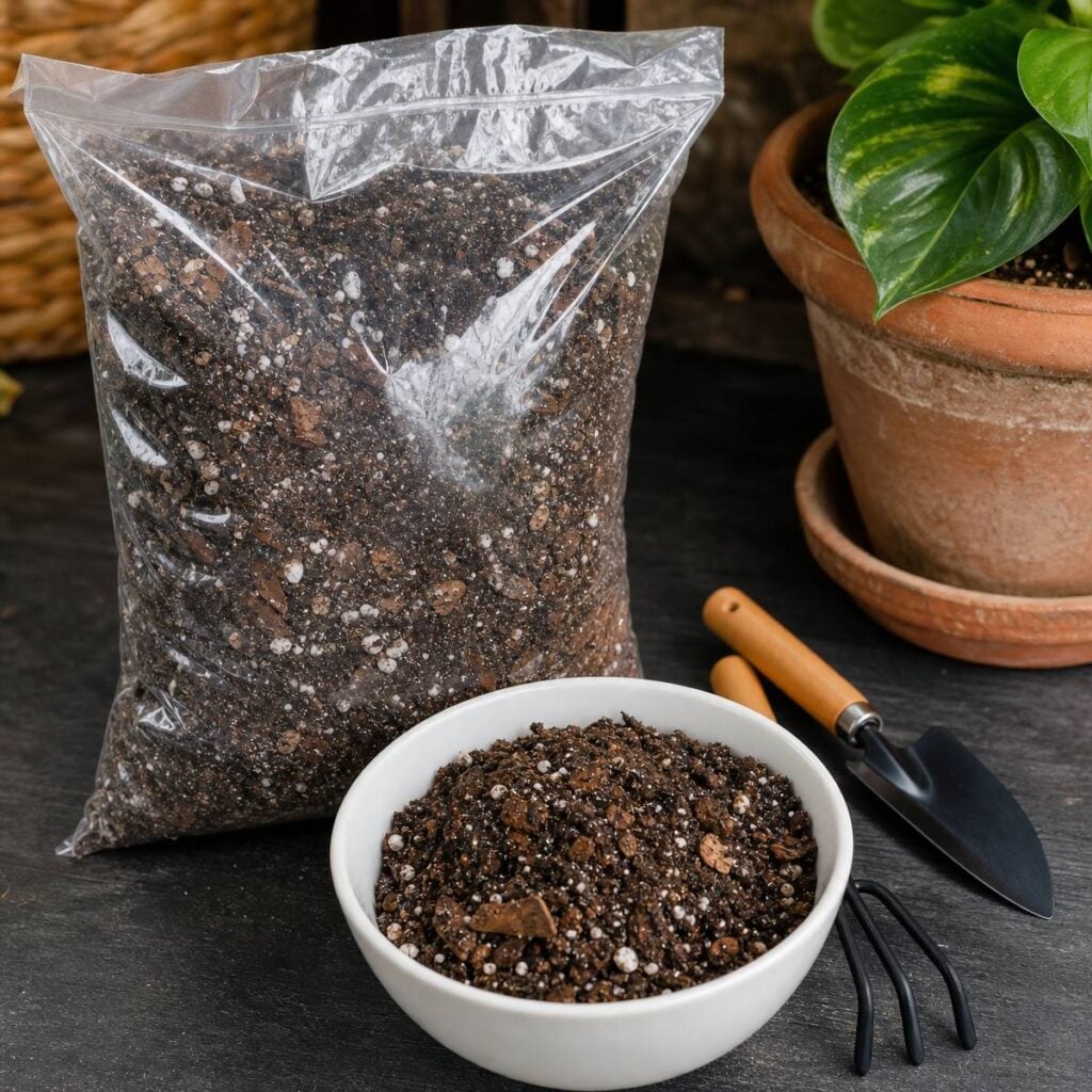 A clear bag and white bowl of chunky perlite-flecked potting mix sit beside a trowel, cultivator, and a variegated potted houseplant on a dark table.