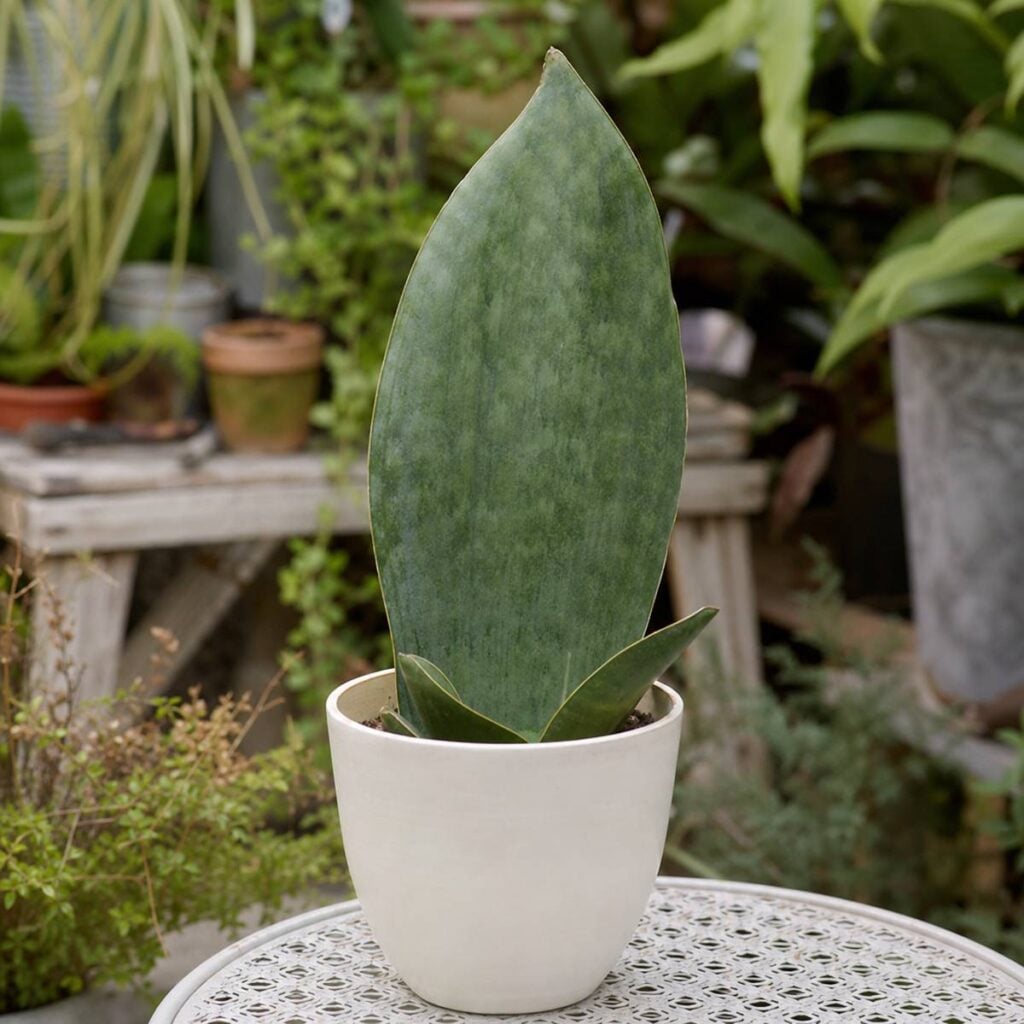 A single broad, flat mottled green whale fin snake plant leaf grows from a white pot on a metal garden table amid lush greenery.
