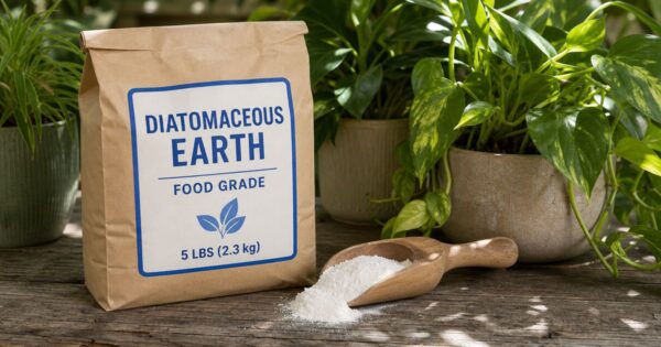 A labeled paper bag of diatomaceous earth sits beside a wooden scoop of white powder and potted green houseplants on a sunlit wooden garden table.