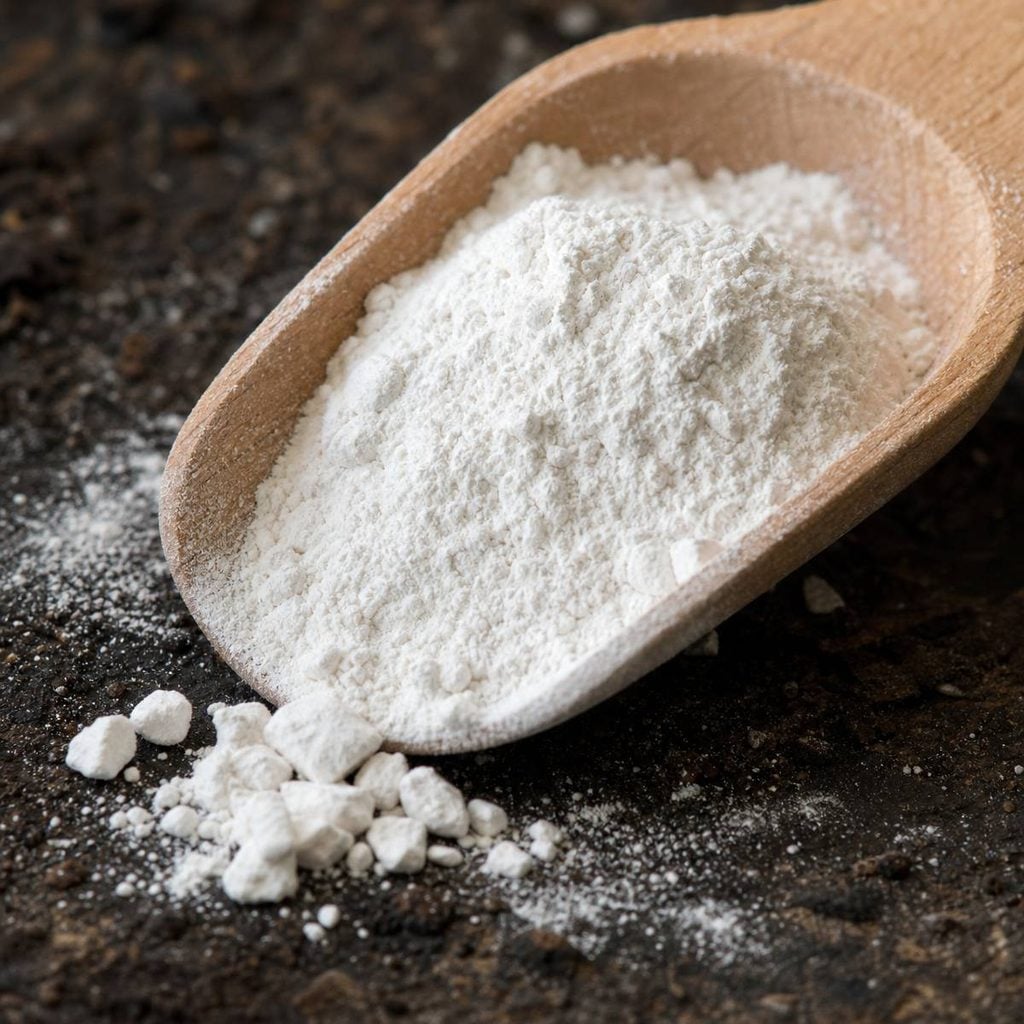 A wooden scoop holds fine white diatomaceous earth powder with small lumps scattered nearby on a dark, textured potting surface.
