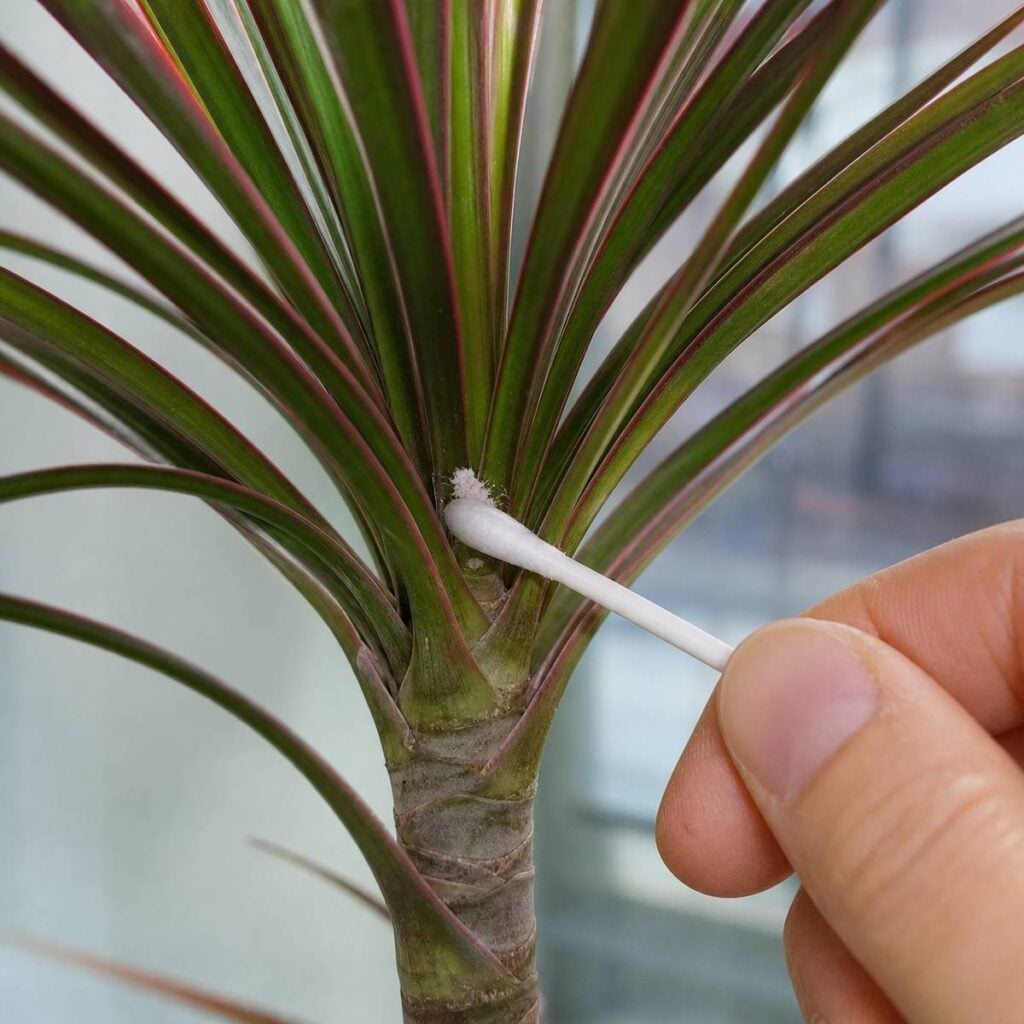 A hand holds a cotton swab against a white, fuzzy mealybug nestled where red-edged Dracaena marginata leaves meet the stem indoors.