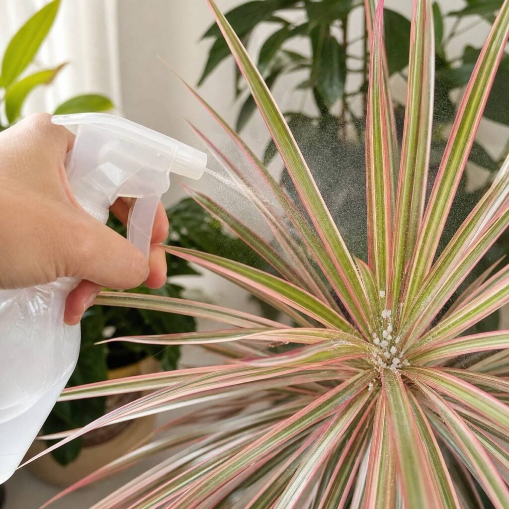 A hand holds an unlabeled spray bottle, misting a pink, cream, and green striped Dracaena rosette with visible cottony mealybug clusters at its center.