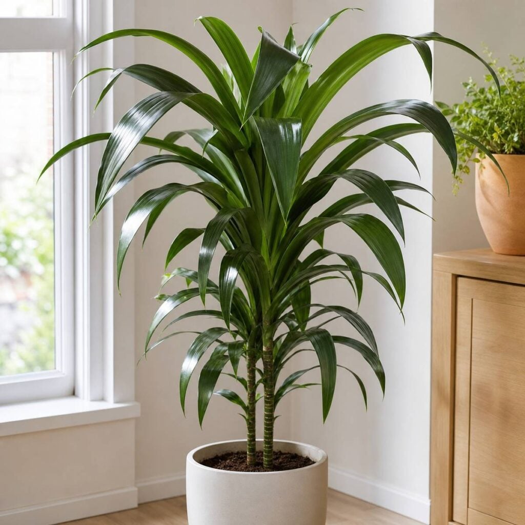 A tall dracaena with glossy strap-shaped leaves on multiple canes stands clean and pest-free in a white pot beside a bright window.