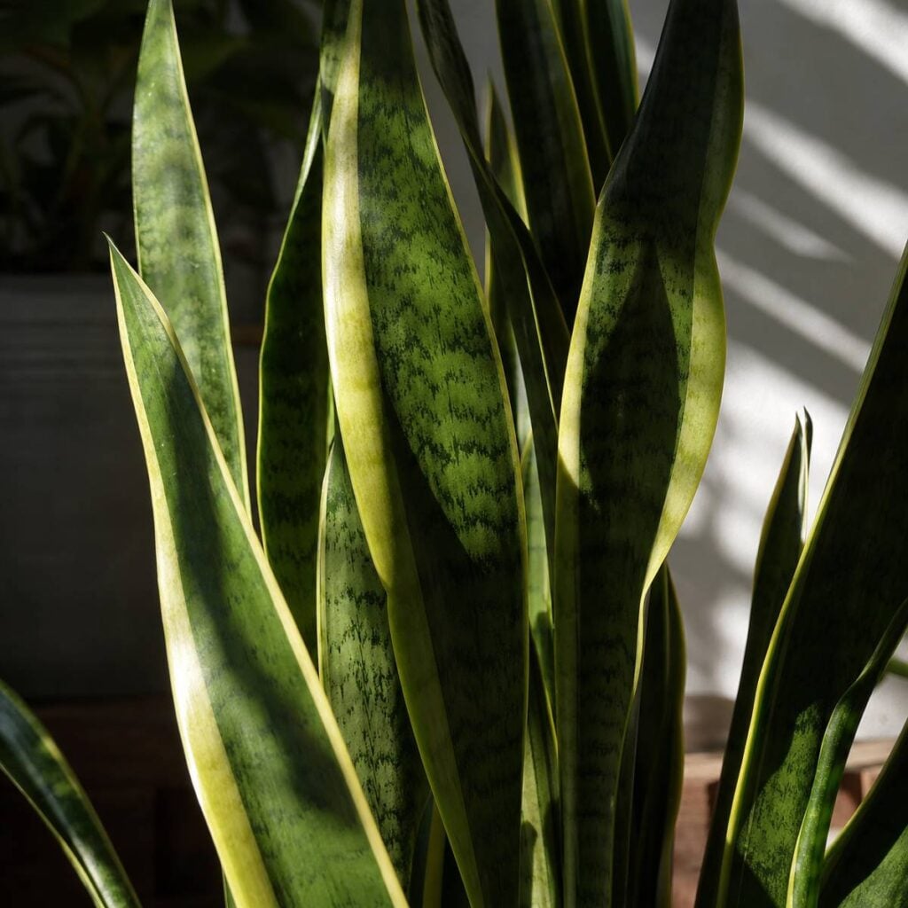 Tall, yellow-edged snake plant leaves stand upright indoors while diagonal window light casts crisp shadow stripes across their mottled green surfaces.