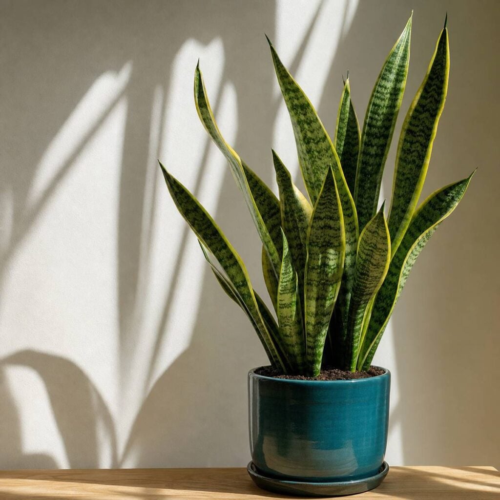 A tall variegated snake plant sits in a teal ceramic pot on a wooden shelf, casting leaf-shaped shadows across the sunlit wall behind it.