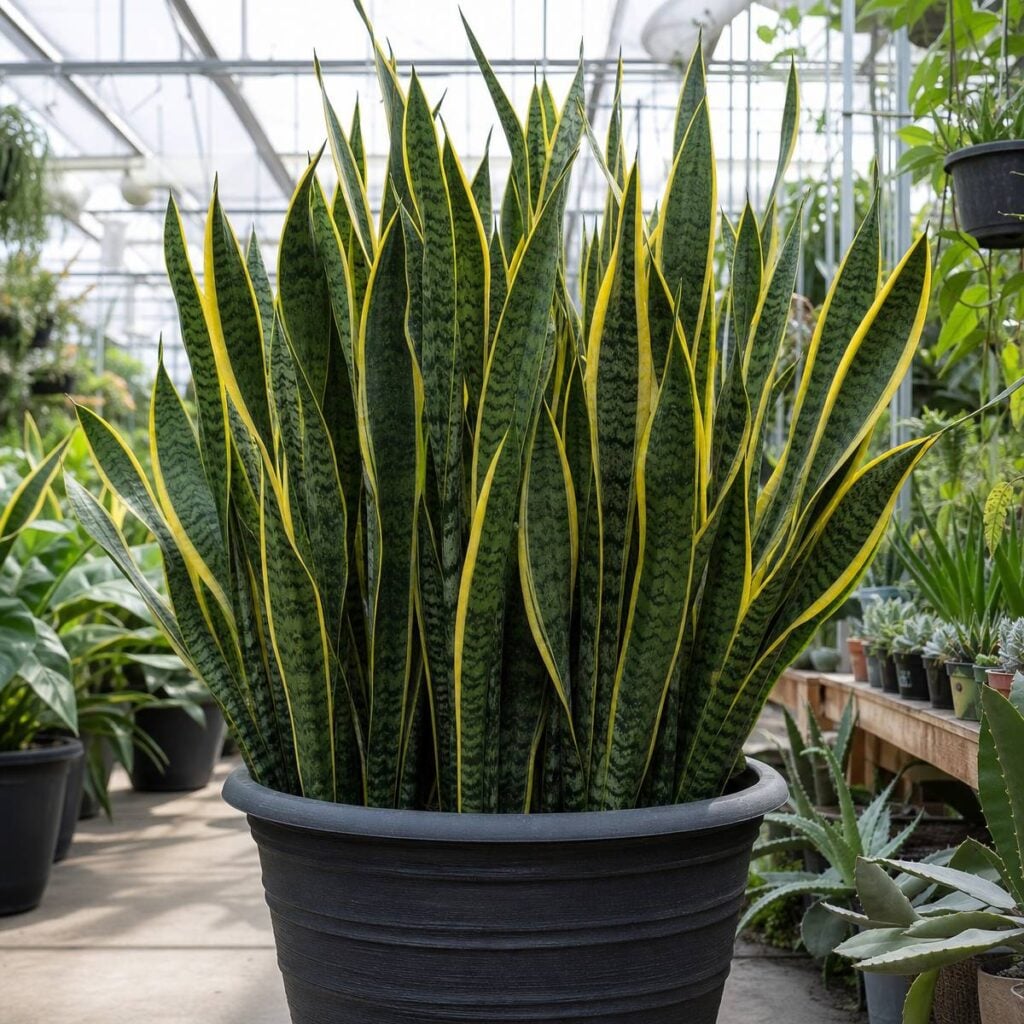 A large black planter holds dozens of tall, upright yellow-edged snake plant leaves fanning out inside a sunlit greenhouse surrounded by potted succulents and aloe.