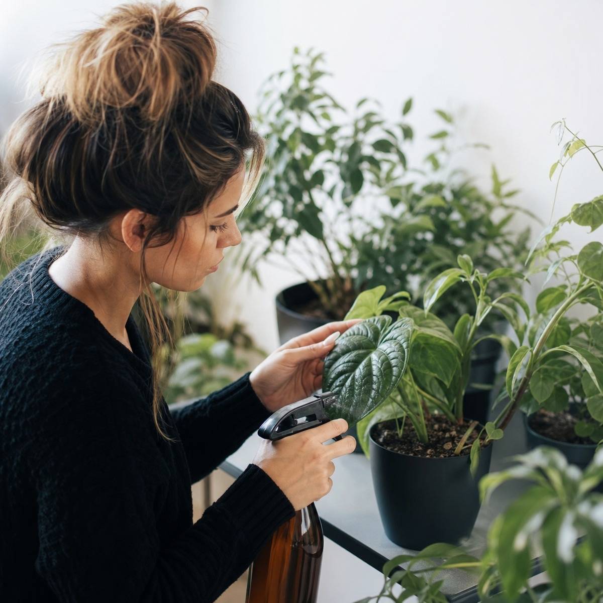 A woman examines a potted plant leaf with a handheld device while tending to multiple potted herbs and houseplants indoors.