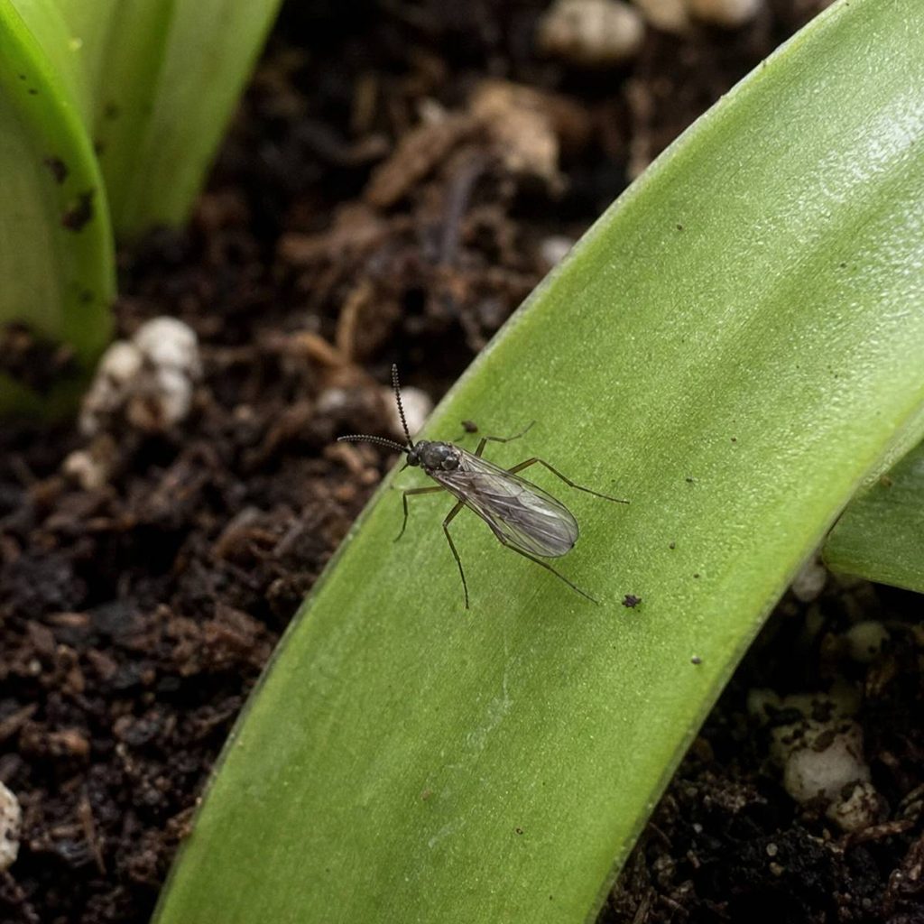 A single dark gnat with long antennae and clear wings rests on a bright green leaf above dark potting soil.