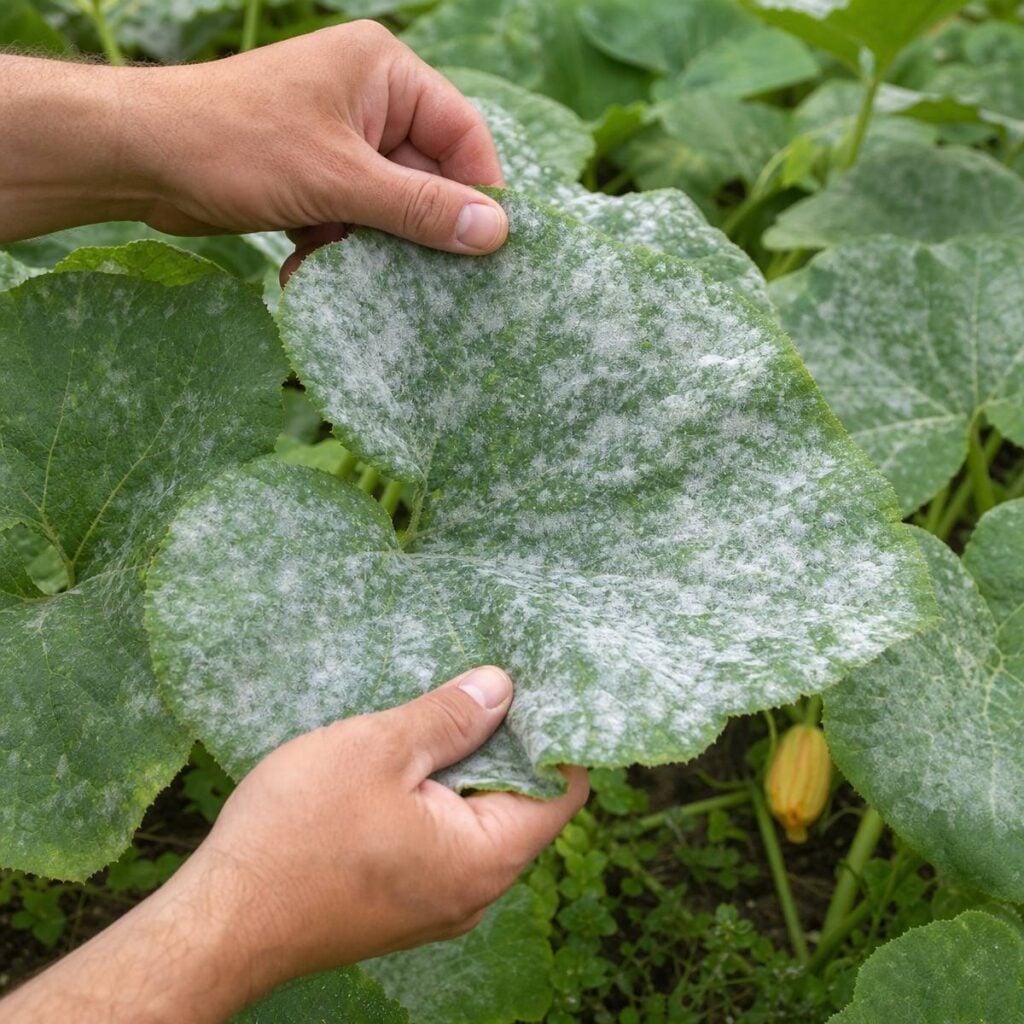 A gardener's bare hands hold up a squash leaf covered in white powdery mildew patches amid a leafy garden bed with a small yellow squash visible.