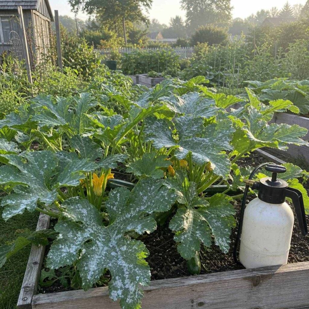 A wooden raised garden bed holds large zucchini plants with mildew-dusted leaves and yellow blossoms, a white hand-pump sprayer resting on the soil beside them.
