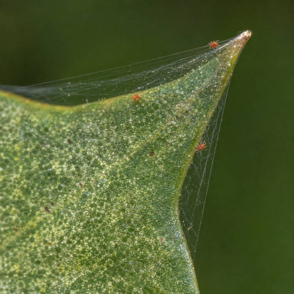 Tiny orange-red spider mites crawl across fine silk webbing on a stippled, yellowing leaf tip against a soft green blurred background.