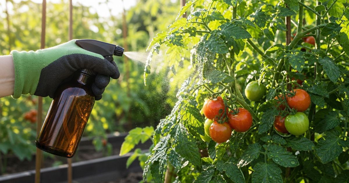 A gloved hand holds an amber spray bottle, misting fine droplets onto leafy tomato vines heavy with ripe red and green tomatoes in a sunlit garden.