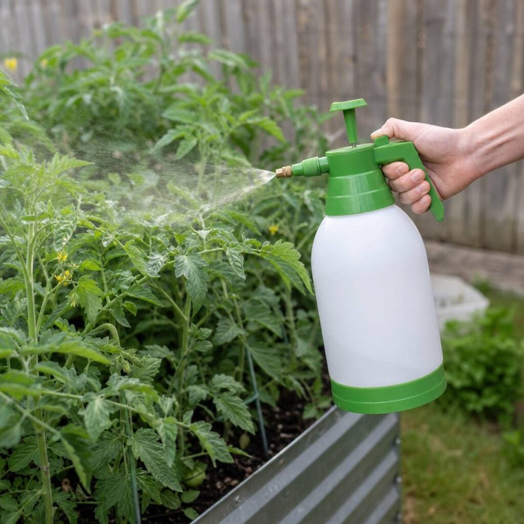 A hand grips a green-and-white pump sprayer, misting leafy tomato plants growing in a metal raised bed beside a wooden fence.