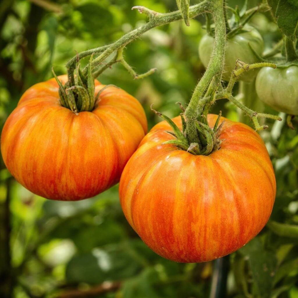 Two orange-red streaked heirloom tomatoes hang ripening on a fuzzy vine, with green unripe fruit and blurred foliage visible in the garden background.
