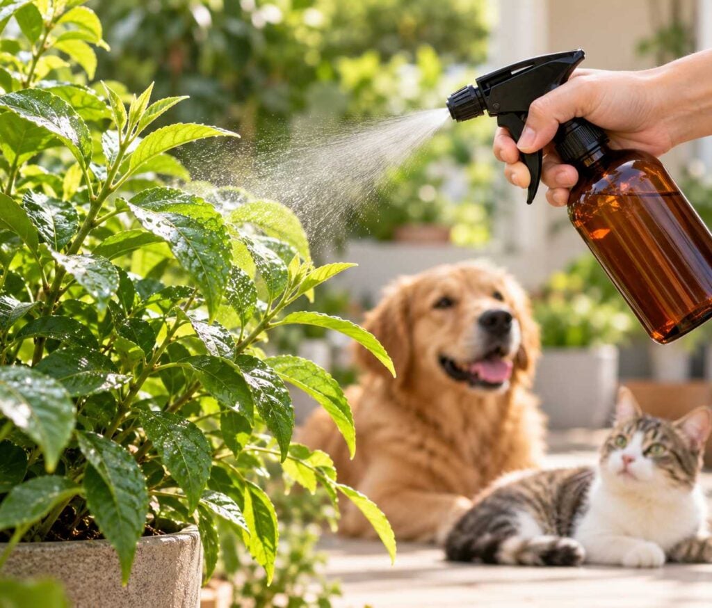 Neem oil foliar spray being applied to green plants near a dog and cat in a garden