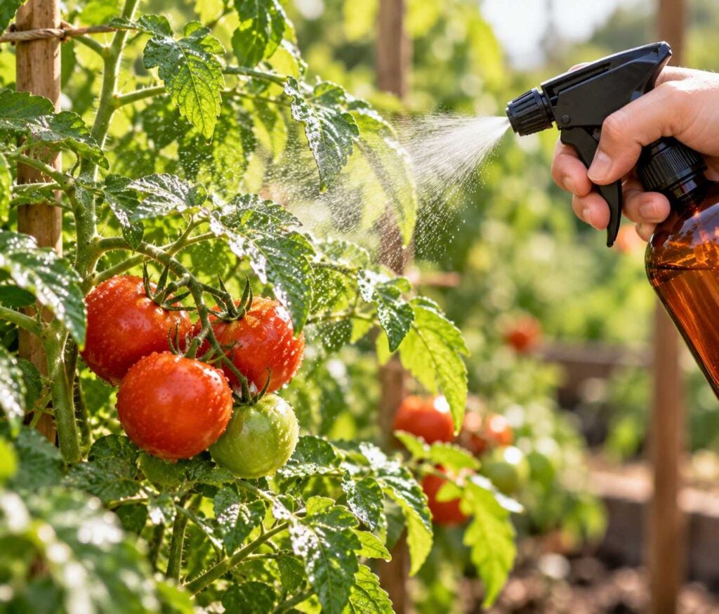 A hand holds a spray bottle, misting fine droplets onto leafy tomato vines heavy with ripe red and green tomatoes in a sunlit garden.