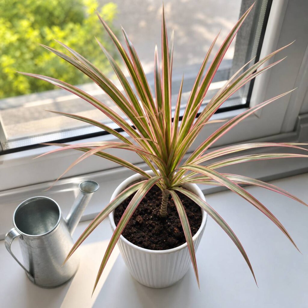 A potted Dracaena marginata Colorama with pink, cream, and green striped leaves sits on a bright windowsill beside a small metal watering can.