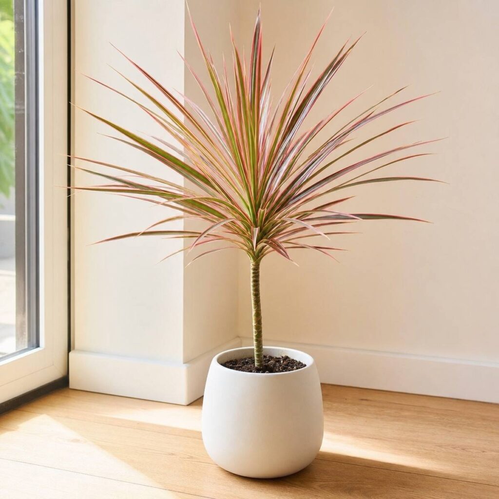 A single-cane dracaena colorama with pink, cream and green starburst leaves grows in a round white pot on a sunlit wooden floor.