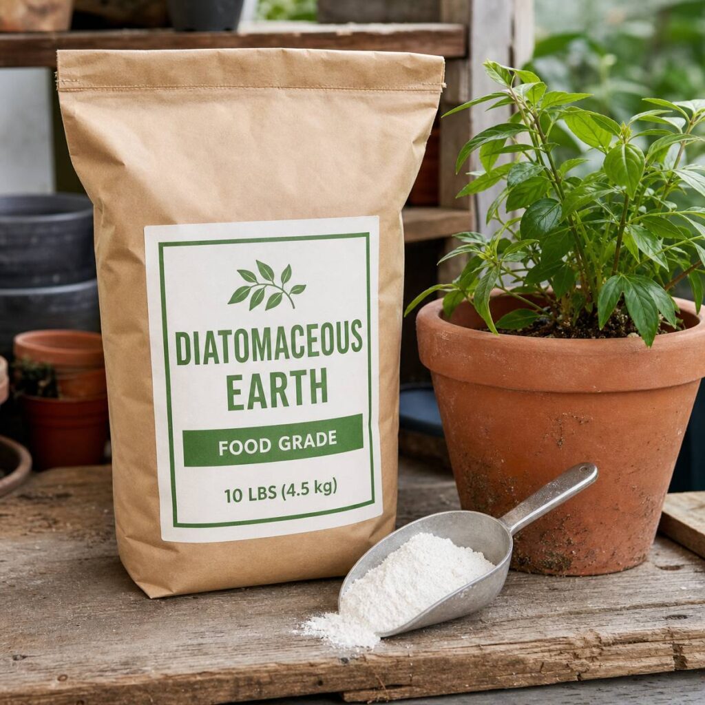 A labeled paper bag of food grade diatomaceous earth stands on a wooden potting bench beside a metal scoop of white powder and a leafy potted plant.