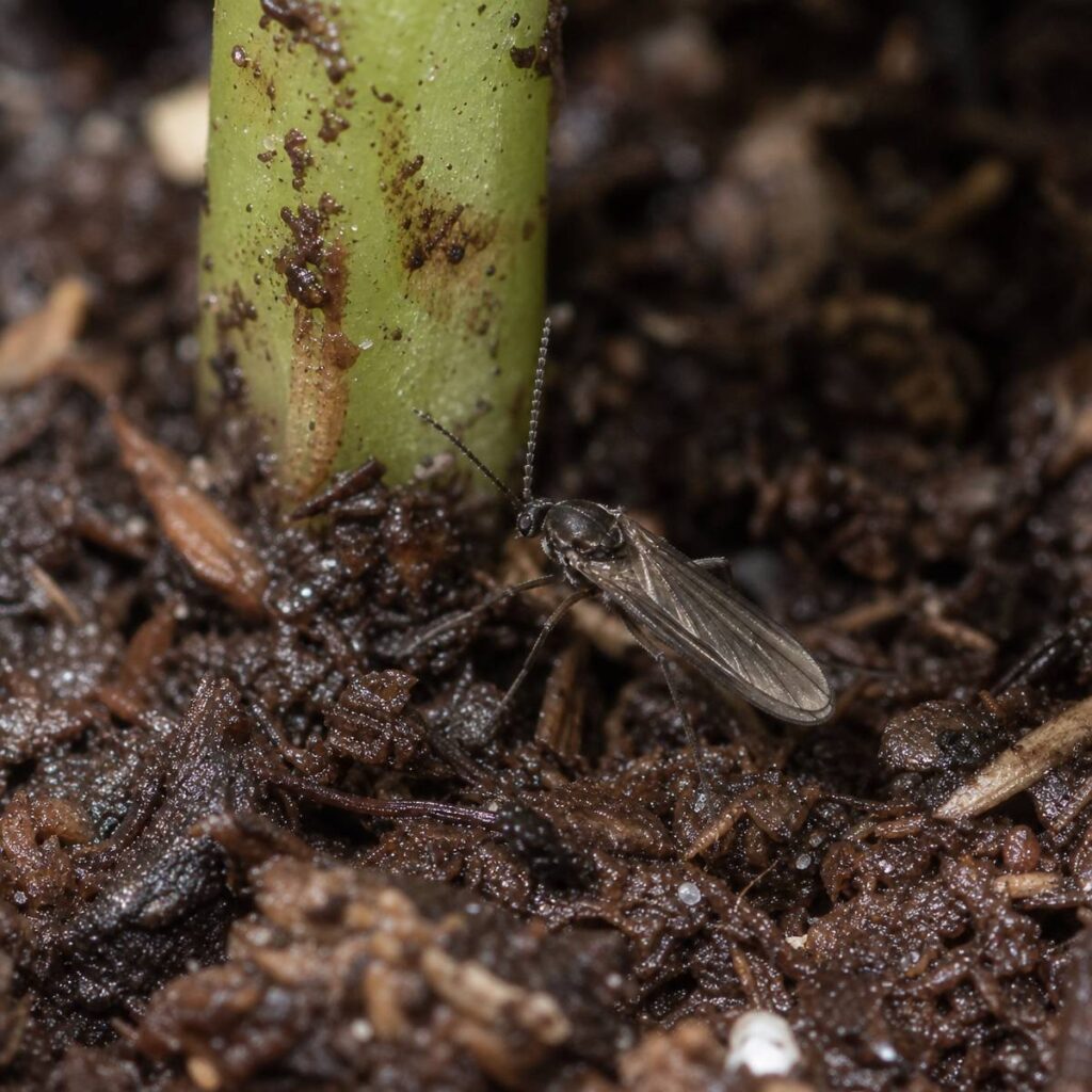 A tiny dark gnat with clear folded wings and long antennae rests on damp potting soil beside a green plant stem.