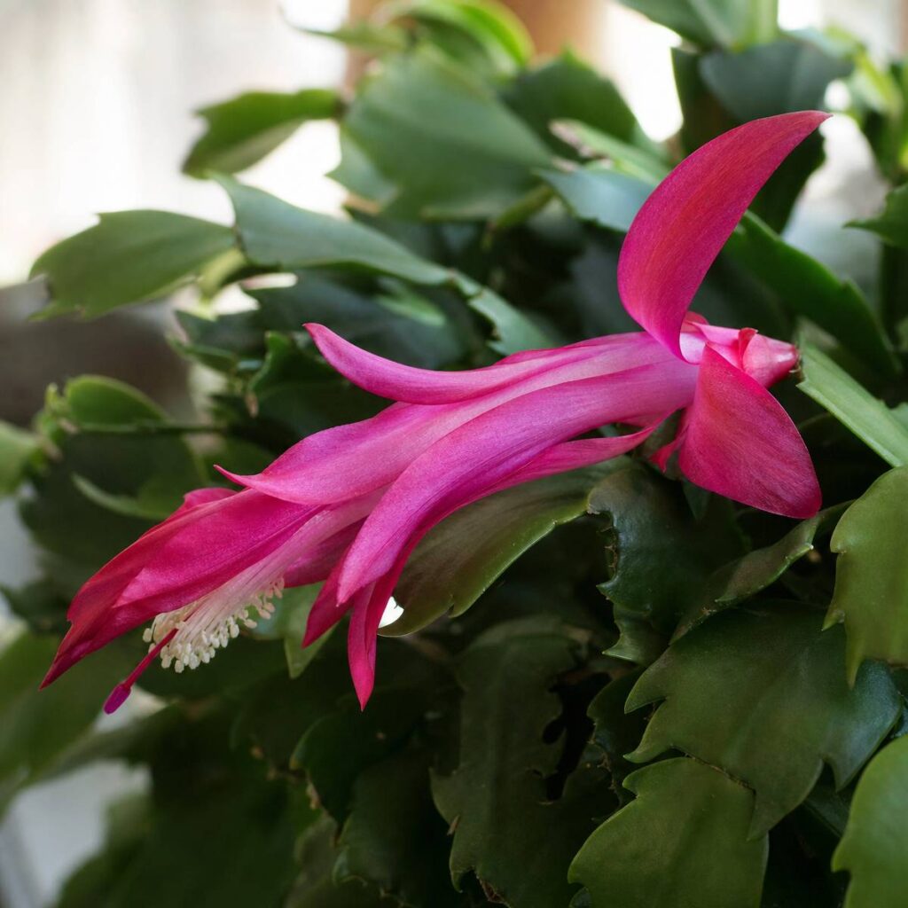 A single elongated magenta-pink Christmas cactus flower with curling petals blooms among glossy, scalloped green stems in soft indoor light.