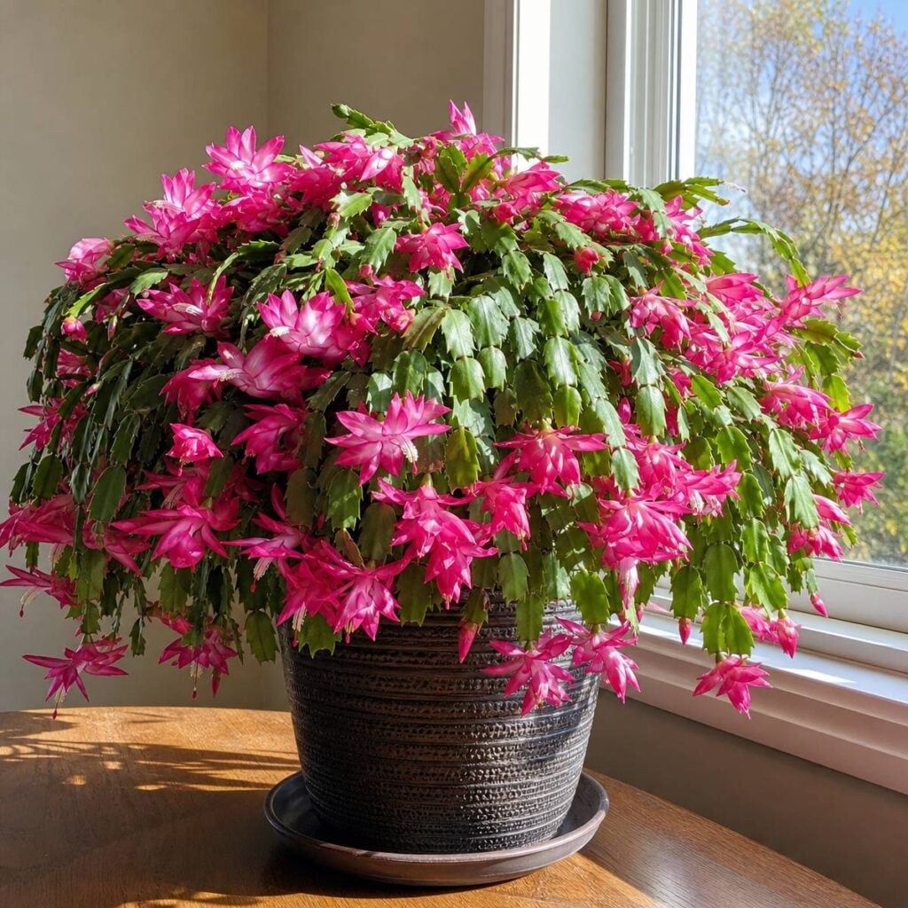 A lush, rounded Christmas cactus covered in bright pink-magenta blooms sits in a dark textured pot on a wooden table beside a sunny window.