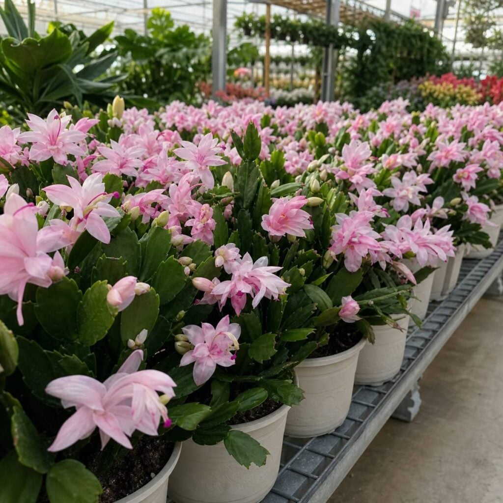 Potted Christmas cactus plants with pale pink blooms line a metal greenhouse bench, arranged in a long row under bright natural light.