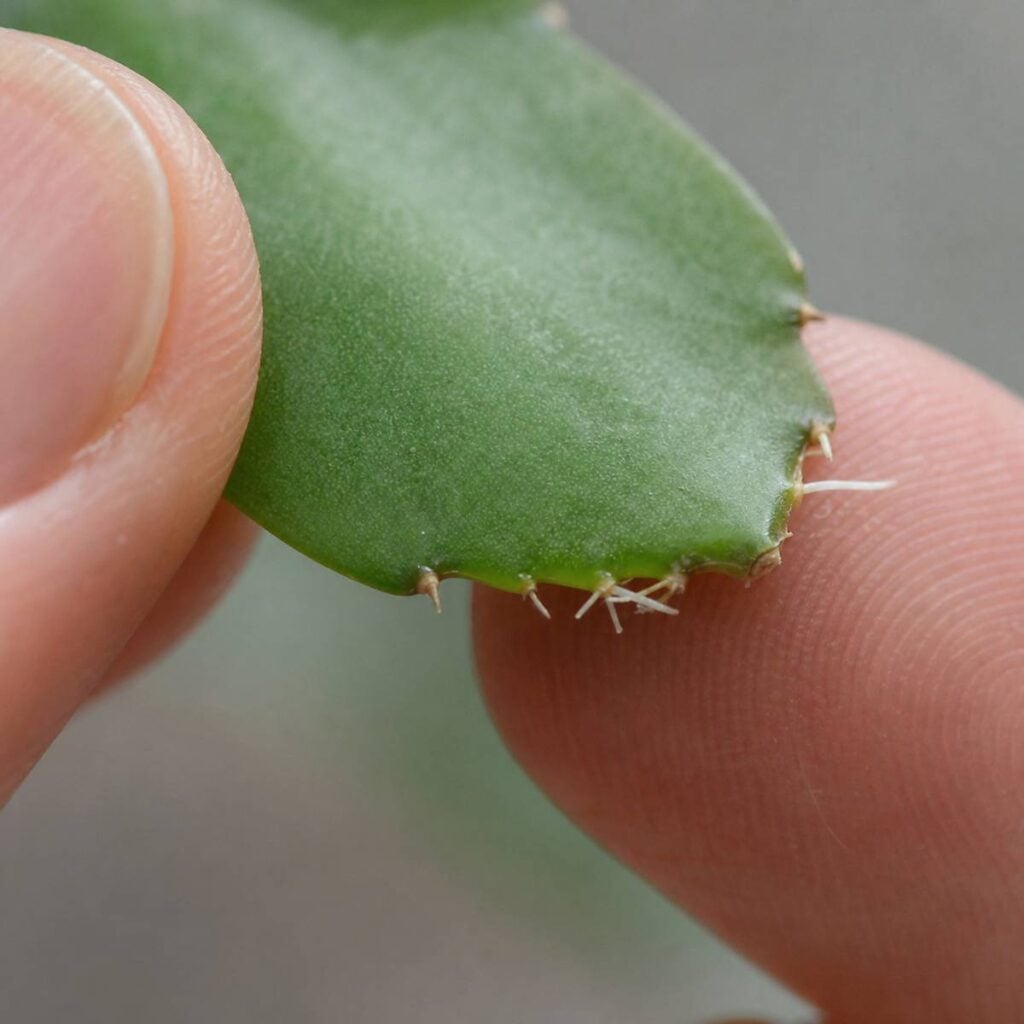 Two fingers pinch the toothed edge of a green Christmas cactus segment, revealing tiny white root hairs sprouting along its notched margin.
