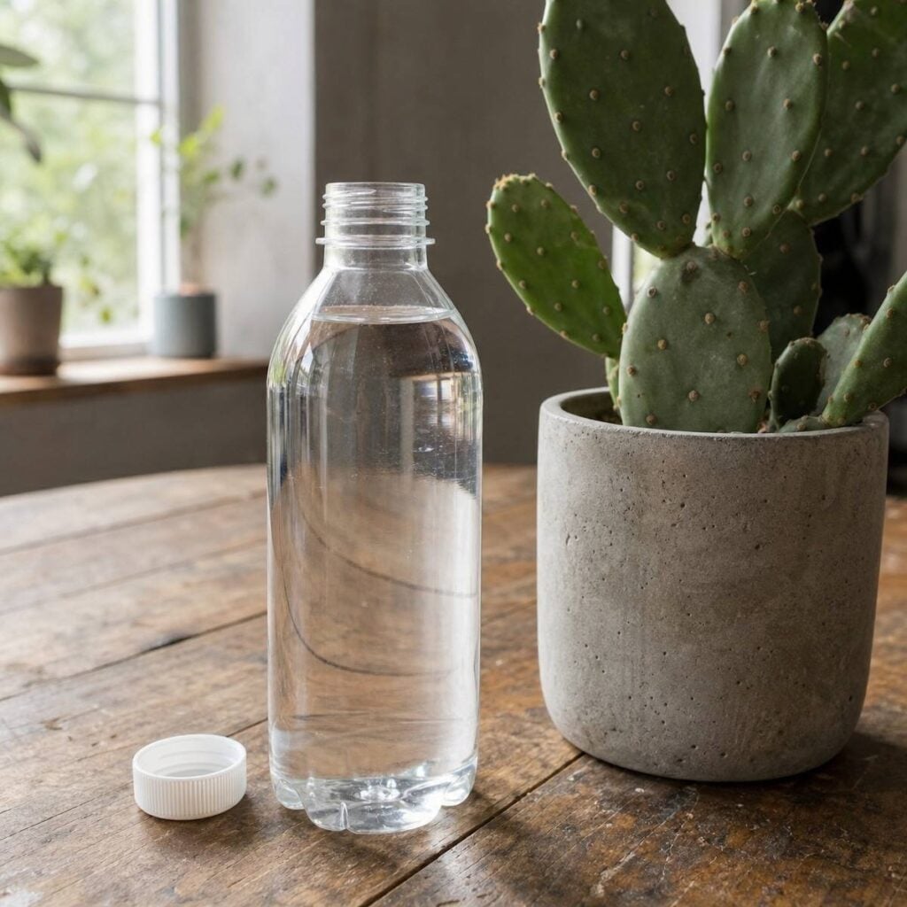 An open, unlabeled plastic bottle of clear liquid with its white cap beside it sits on a wooden table next to a concrete-potted prickly pear cactus.