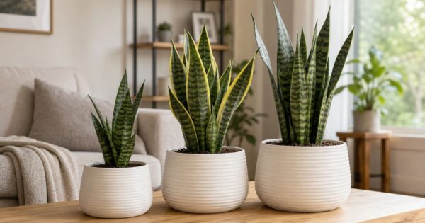 Three snake plants of varying heights sit in white ribbed ceramic pots on a wooden table in a bright, softly lit living room.