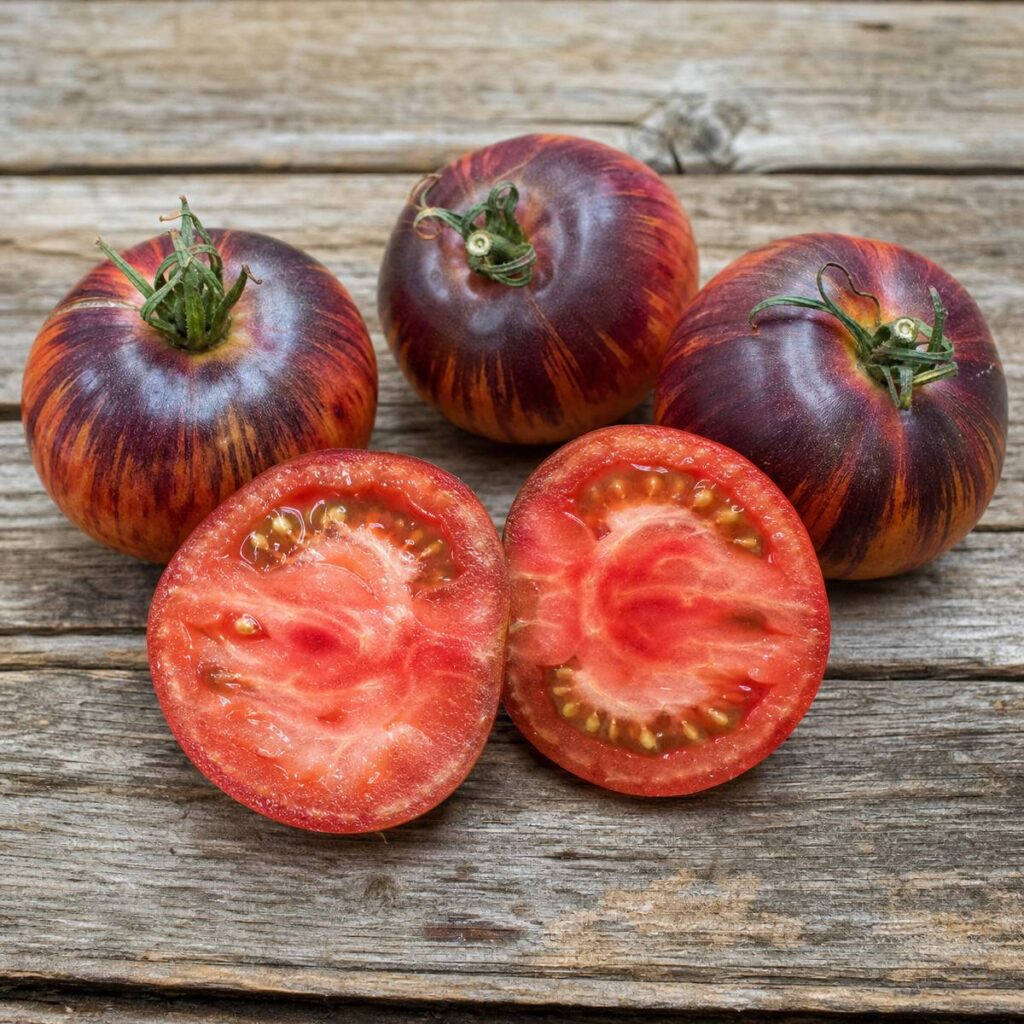 Three whole purple-orange streaked heirloom tomatoes rest beside a sliced tomato revealing juicy red flesh and seeds, all arranged on a weathered wooden plank surface.