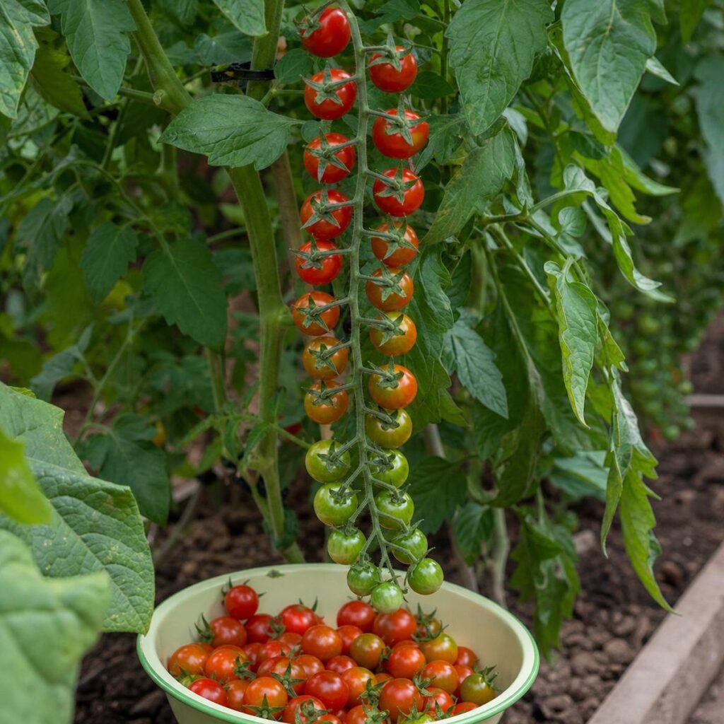 A long single truss of ripening red and green cherry tomatoes dangles above a bowl already filled with harvested tomatoes in a leafy garden bed.