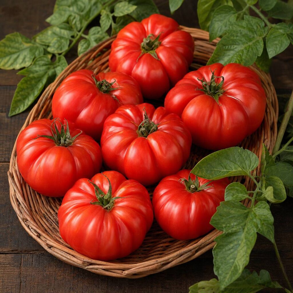 Seven large ribbed heirloom tomatoes sit in a round wicker tray, surrounded by fresh green leaves on a dark wooden table.