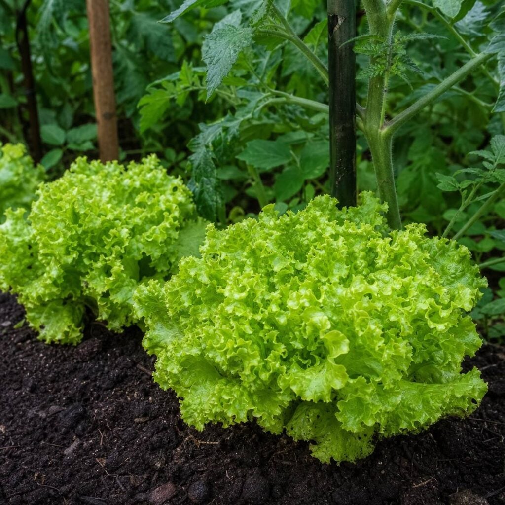 Crinkled bright green loose-leaf lettuce heads grow in dark soil beneath staked tomato plants, their stems and leaves framing the shaded background.