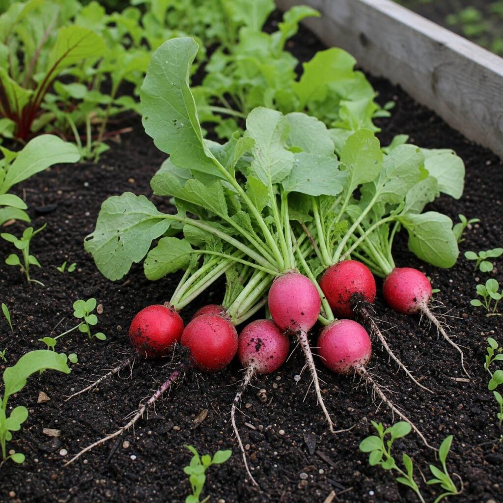A bunch of freshly pulled round red radishes with leafy tops and dangling roots rests on dark soil amid young seedlings in a wooden raised garden bed.