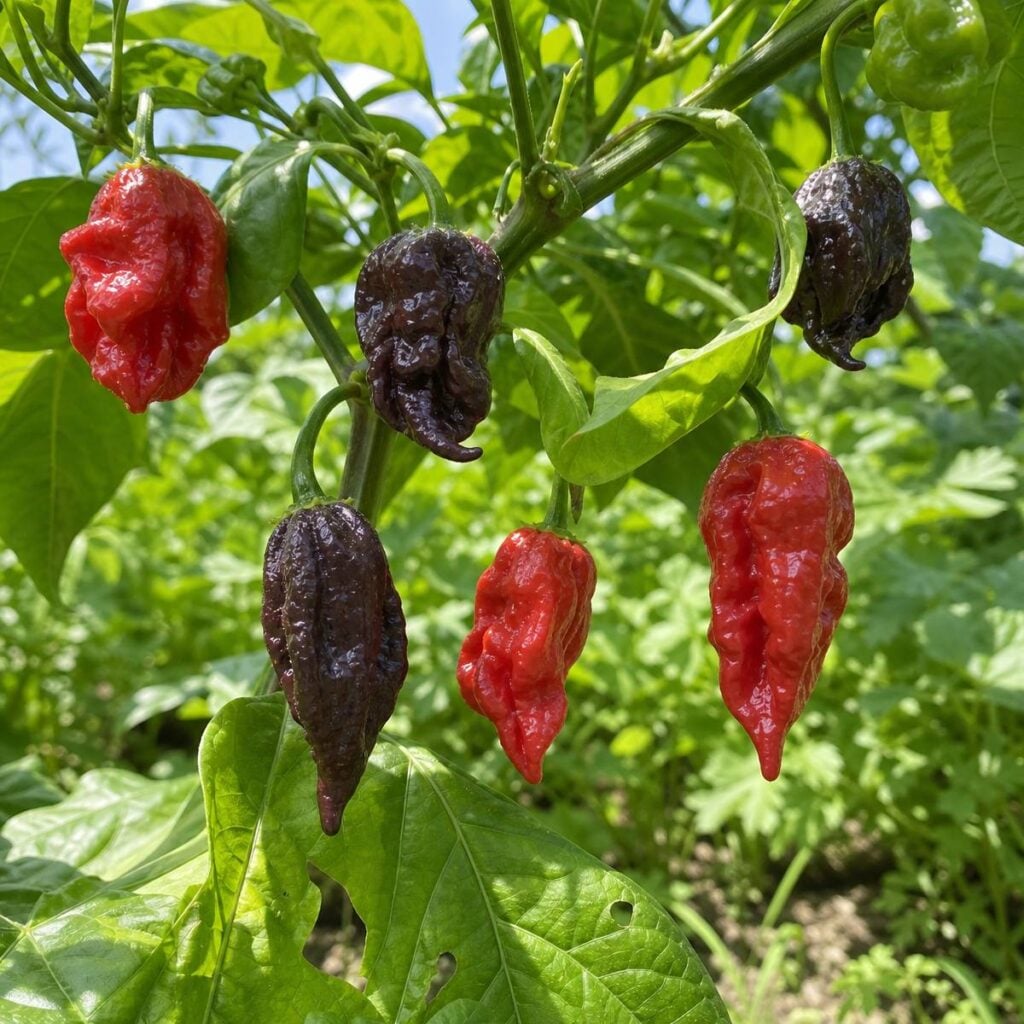 Glossy, wrinkled red and dark purple-brown chili peppers dangle from a leafy green pepper plant in a sunlit garden surrounded by broad green foliage.