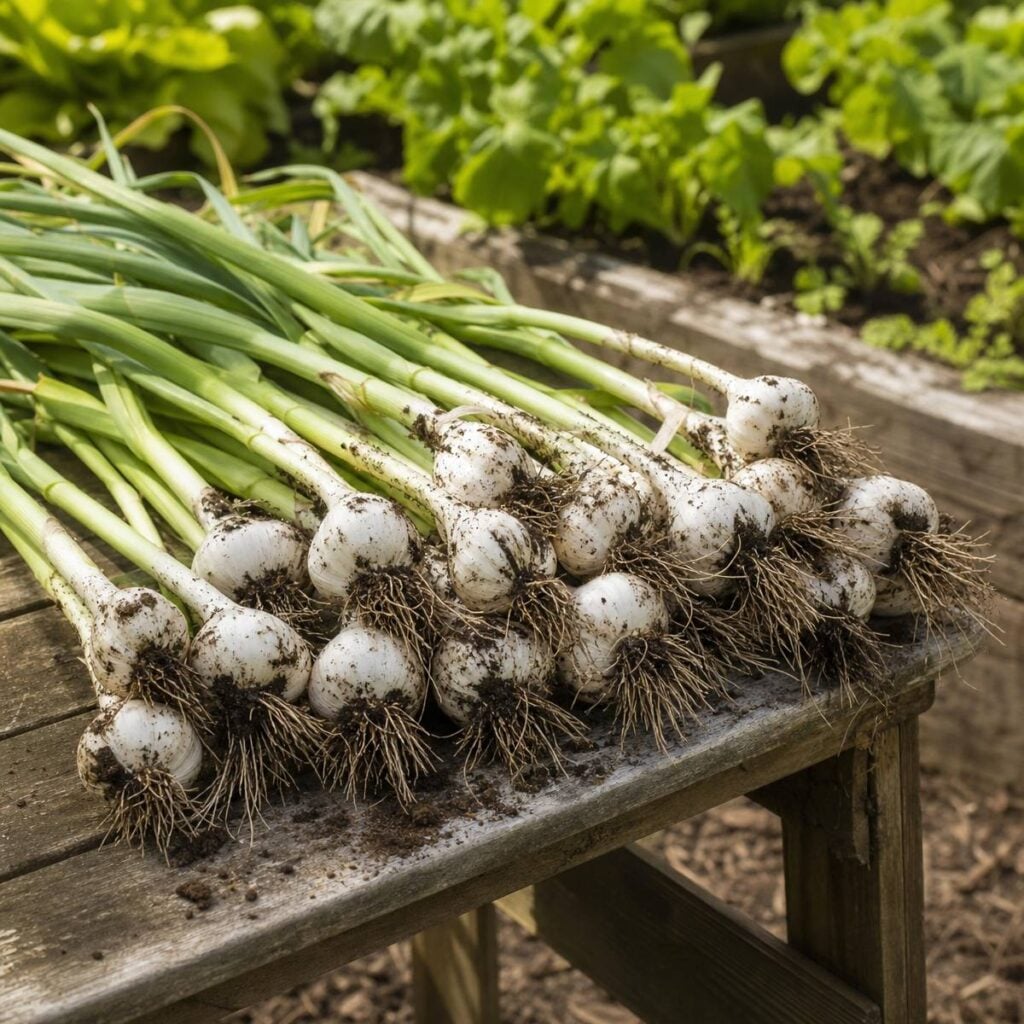 Freshly pulled garlic bulbs with soil-dusted roots and long green stems lie in a row on a weathered wooden table beside a leafy garden bed.