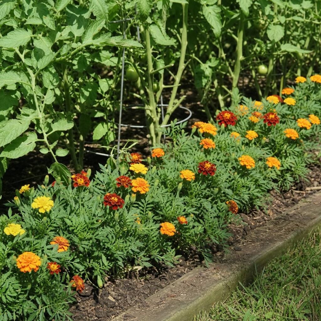 A row of orange, yellow and red-brown French marigolds with ferny leaves edges a wooden-bordered garden bed, growing in front of tall tomato plants bearing green fruit.