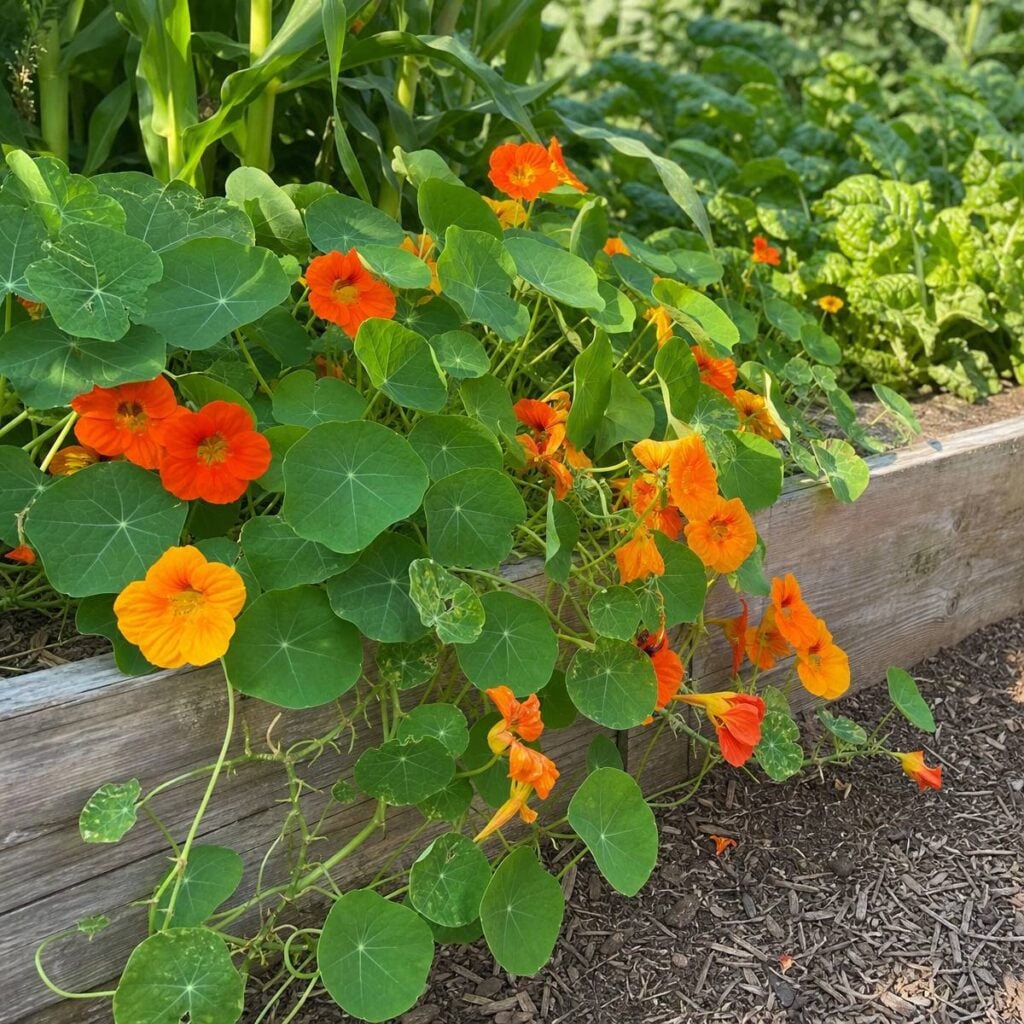 Trailing nasturtium vines with round green leaves and orange-red blooms cascade over a wooden raised garden bed near corn and leafy greens.