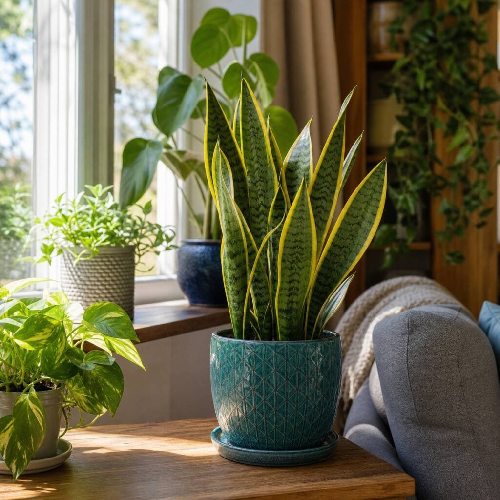 A yellow-edged snake plant in a textured teal pot sits on a wooden table beside pothos, peperomia, and pilea in a sunlit living room window.