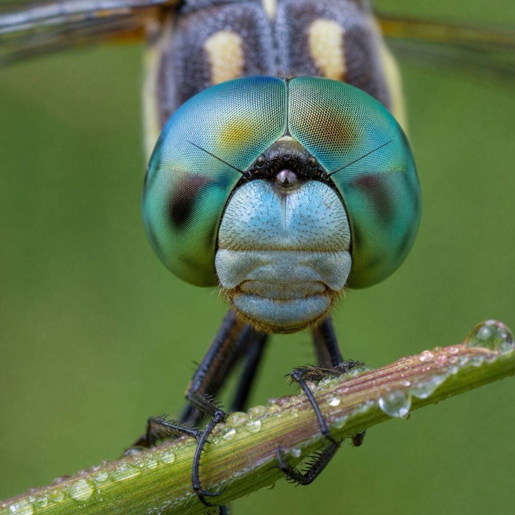 A dragonfly's face fills the frame, its huge green compound eyes gripping a dew-speckled stem against a soft blurred green background.