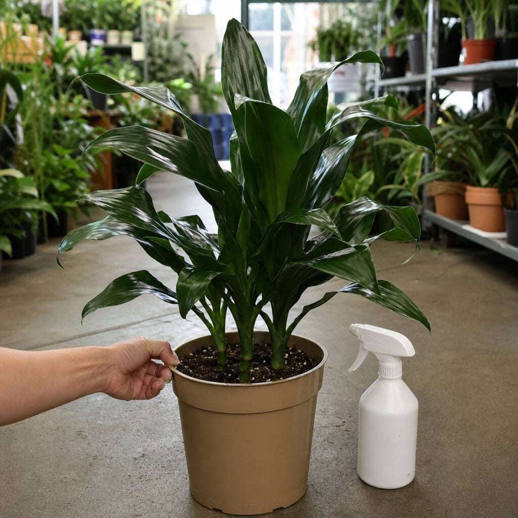 A hand touches the rim of a tan pot holding a glossy dark green Janet Craig dracaena beside a white spray bottle on a plant shop's concrete floor.