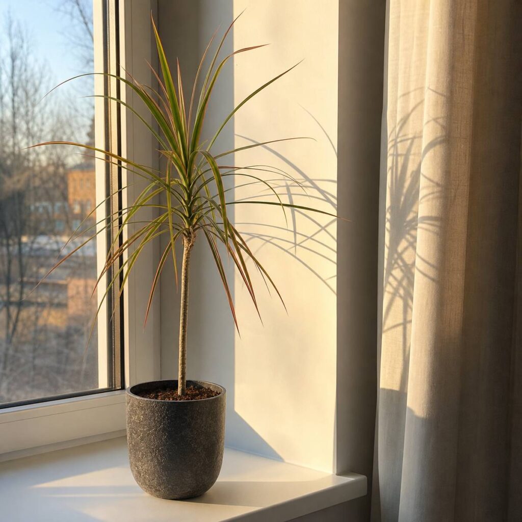 A dragon tree with a single slim cane and arching red-edged leaves sits in a dark stone-look pot, casting long shadows across the sunlit wall and curtain.