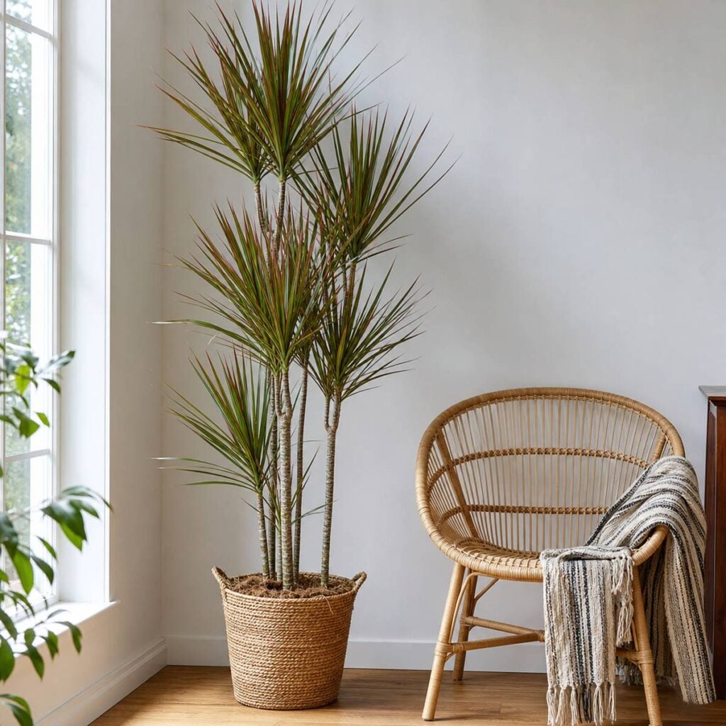 A tall multi-stemmed dragon tree with red-edged spiky leaves stands in a woven basket beside an empty rattan chair draped with a striped blanket.