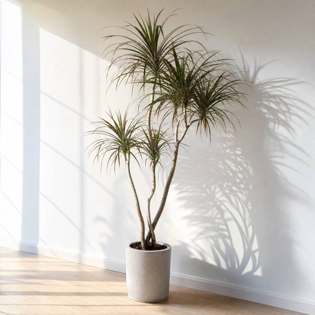 A potted dragon tree with several curving gray canes and spiky green, red-edged leaf clusters casts sharp shadows on a sunlit white wall and wooden floor.