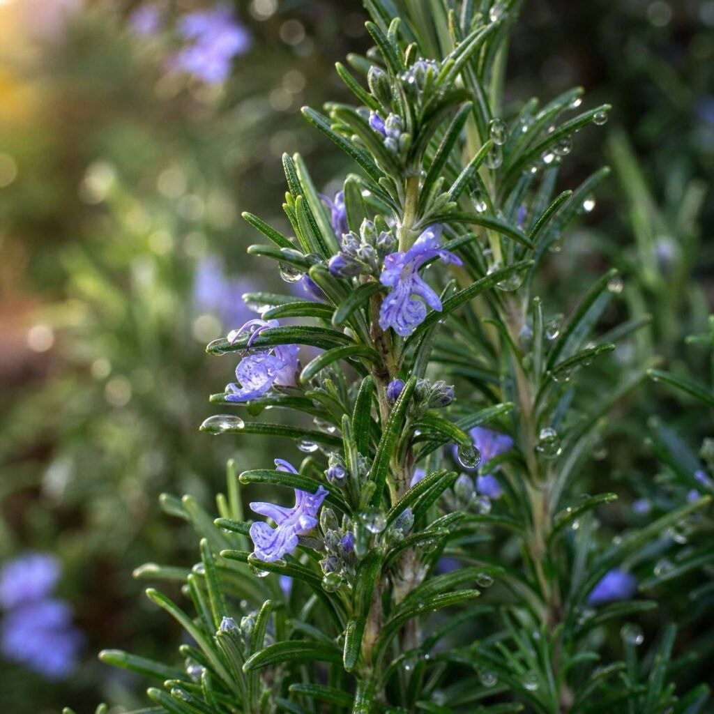 Dew-covered rosemary sprigs with slender green needles and small purple-blue flowers stand upright against a softly blurred garden backdrop.