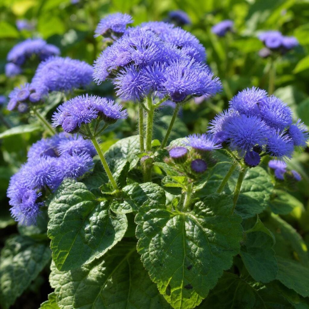Clusters of fuzzy blue-purple pom-pom flowers rise above textured, heart-shaped green leaves in a sunlit garden bed with a softly blurred backdrop.